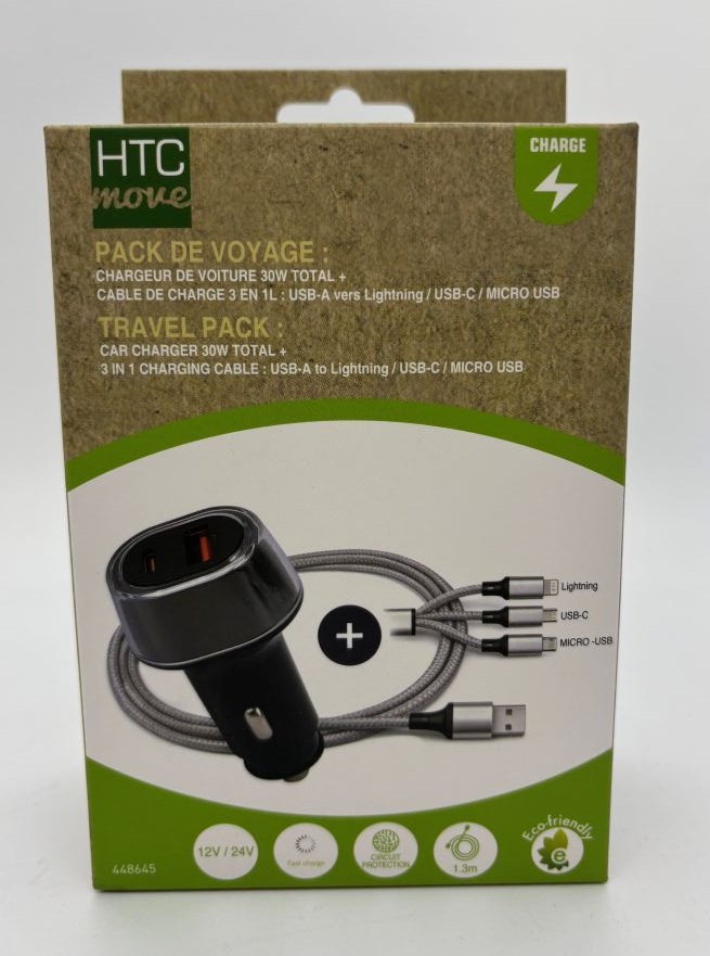 Pack chargeur de voiture 30W Total + câble de charge 3 en 1