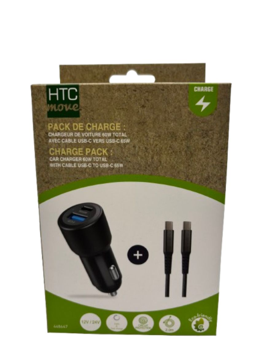 Pack chargeur voiture &agrave; charge rapide 60W Total + câble USB-C vers USB-C 65W