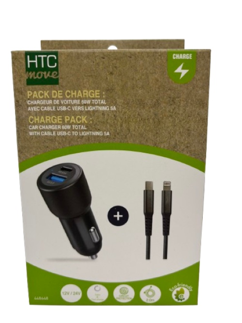 Pack chargeur de voiture &agrave; charge rapide 60W Total + câble USB-C vers Ligtning 5A