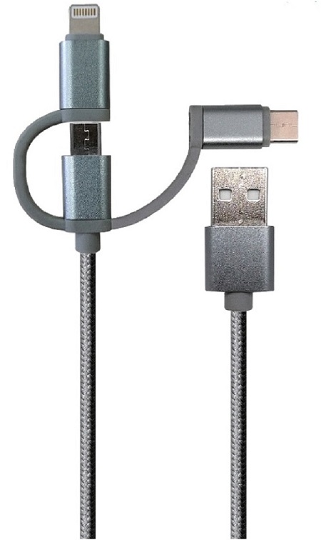 Câble 3 embouts charge et données 2A  USB A vers Micro USB / iPhone / USB C