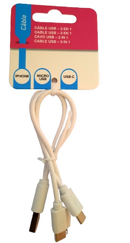 Cable de charge 3 embouts 2A USB A vers Micro USB + iPhone Lightning +USB A