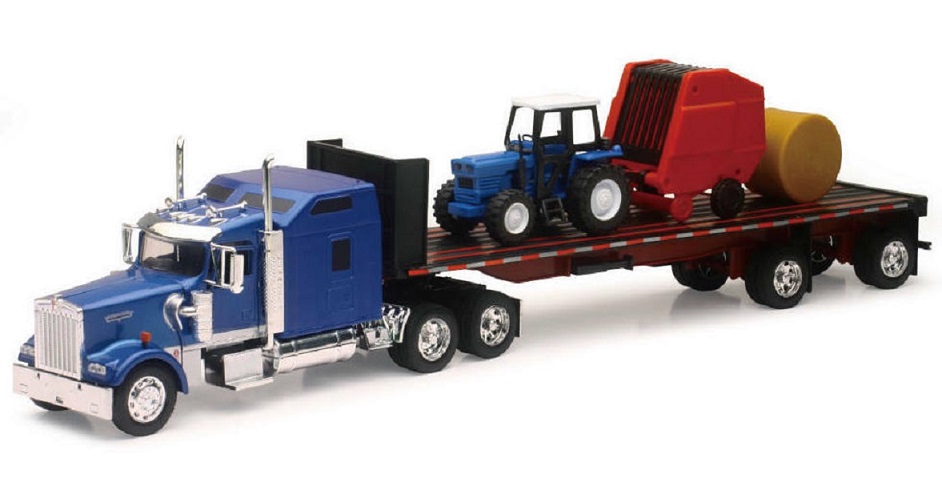 Camion 1/32ème KENWORTH W900 remorque plate avec tracteur et ballot de foin